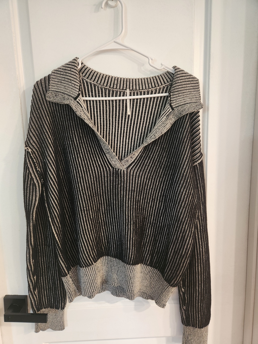 Striped Black & Cream V-Neck Collared Women's Sweater